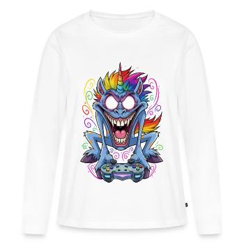 Licorne folle de jeu avec manette Gamer - T-shirt manches longues Premium bio Femme - blanc - Devant - Julia (174cm)
