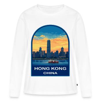Badge de voyage rétro Sunset pour la Skyline du ferry Hong Kong - T-shirt manches longues Premium bio Femme - blanc - Devant - Julia (174cm)