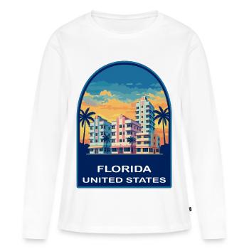 Badge de voyage rétro au coucher de soleil de Miami en Floride - T-shirt manches longues Premium bio Femme - blanc - Devant - Julia (174cm)