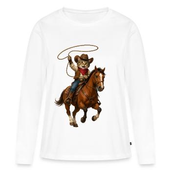 Chat cowboy en course à cheval - T-shirt manches longues Premium bio Femme - blanc - Devant - Julia (174cm)