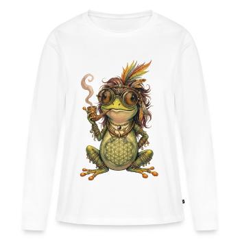 Aquarelle : Grenouille bohème avec pipe et plumes - T-shirt manches longues Premium bio Femme - blanc - Devant - Julia (174cm)