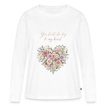 Clé florale du cœur - T-shirt manches longues Premium bio Femme - blanc - Devant - Julia (174cm)