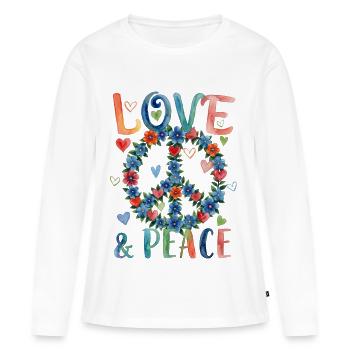 Enseigne florale Love and Peace en style aquarelle - T-shirt manches longues Premium bio Femme - blanc - Devant - Julia (174cm)