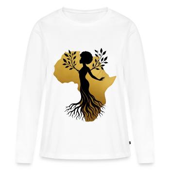 Africa Women – Roots Gift - Frauen Premium Bio Langarmshirt - Weiß - Vorne - Julia (174cm)