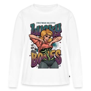 Lucky Bones Streetwear rétro squelette pin up - T-shirt manches longues Premium bio Femme - blanc - Devant - Julia (174cm)