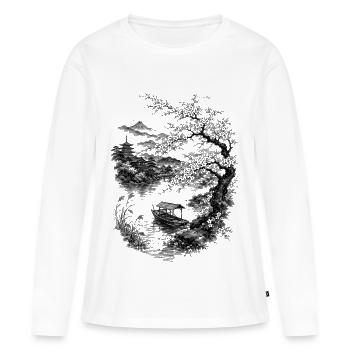 La nature japonaise avec cerisier et mont Fuji - T-shirt manches longues Premium bio Femme - blanc - Devant - Julia (174cm)