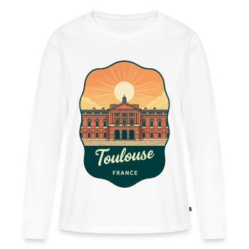 Insigne rétro de voyage au coucher de soleil de Toulouse Capitole - T-shirt manches longues Premium bio Femme - blanc - Devant - Julia (174cm)