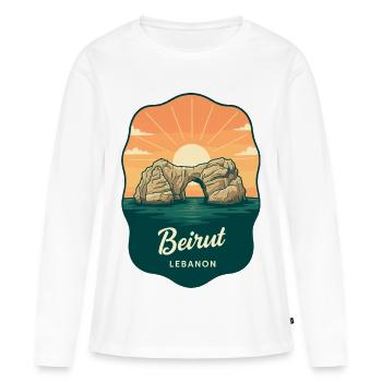 Badge de voyage rétro Retrait du soleil Raouche Rocks de Beyrouth - T-shirt manches longues Premium bio Femme - blanc - Devant - Julia (174cm)