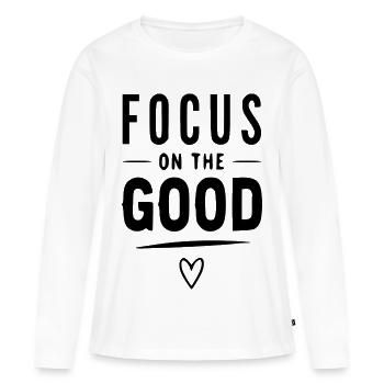 Focus On Be Out – Typographie Minimaliste & - T-shirt manches longues Premium bio Femme - blanc - Devant - Julia (174cm)