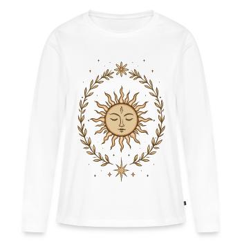 Soleil du solstice d’été – Motif spirituel bohème - T-shirt manches longues Premium bio Femme - blanc - Devant - Julia (174cm)