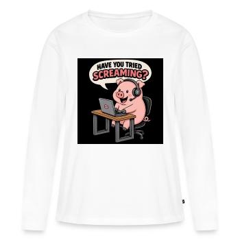 Cochon au bureau des casques - T-shirt manches longues Premium bio Femme - blanc - Devant - Julia (174cm)