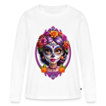 Tête de mort mexicaine Dia de Muertos Sugar skull - T-shirt manches longues Premium bio Femme - blanc - Devant - Julia (174cm)