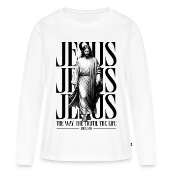 Jésus Walking Art en noir et blanc - T-shirt manches longues Premium bio Femme - blanc - Devant - Julia (174cm)