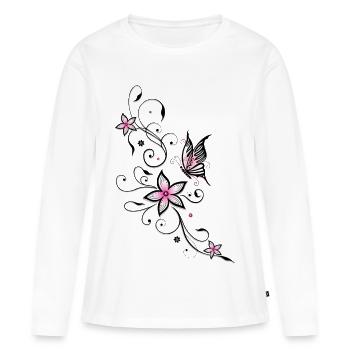 Vrille de filigrane avec papillon et fleurs. - T-shirt manches longues Premium bio Femme - blanc - Devant - Julia (174cm)