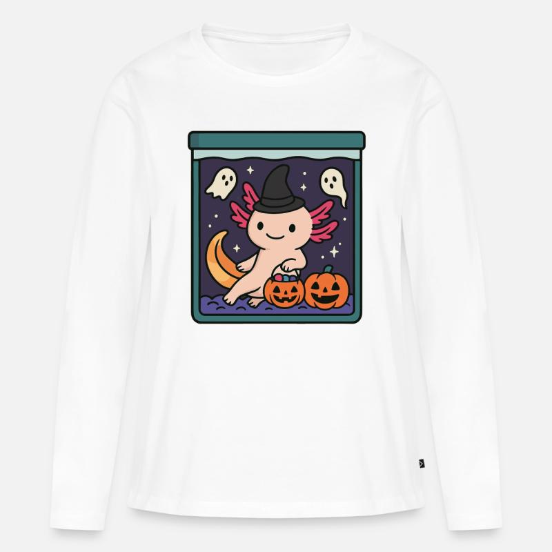 Süßes Halloween Axolotl mit Hexenhut - Frauen Premium Bio Langarmshirt - Weiß