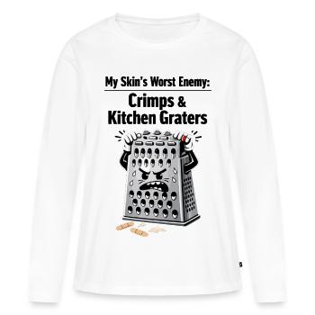 Le pire ennemi de ma peau : les sertissages et les râpes de cuisine - T-shirt manches longues Premium bio Femme - blanc - Devant - Julia (174cm)