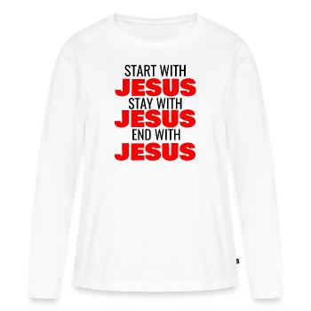 COMMENCEZ AVEC JÉSUS RESTEZ AVEC JÉSUS FIN AVEC JÉSUS - T-shirt manches longues Premium bio Femme - blanc - Devant - Julia (174cm)