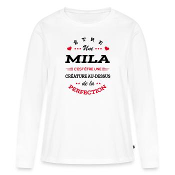 MILA PARFAITE - NOM MILA - T-shirt manches longues Premium bio Femme - blanc - Devant - Julia (174cm)