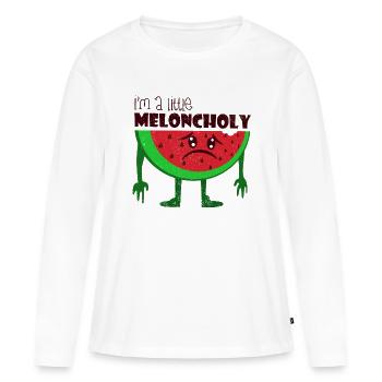 Melon mélancolique jeu de mots cadeau fruité - T-shirt manches longues Premium bio Femme - blanc - Devant - Julia (174cm)