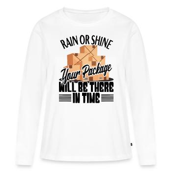 Livraison de colis Livreur de colis Livreur de colis Coursier - T-shirt manches longues Premium bio Femme - blanc - Devant - Julia (174cm)