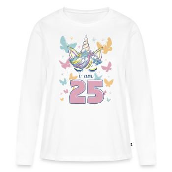 Einhorn Ich Bin 25 Jahre Schmetterlinge Geburtstag - Frauen Premium Bio Langarmshirt - Weiß - Vorne - Julia (174cm)