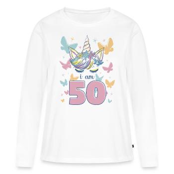 Licorne Je Suis 50 Ans Papillons Anniversaire - T-shirt manches longues Premium bio Femme - blanc - Devant - Julia (174cm)