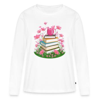 A stack of books in a flower meadow - Women's Premium Organic Long Sleeve Shirt - white - Front - Julia (174cm)