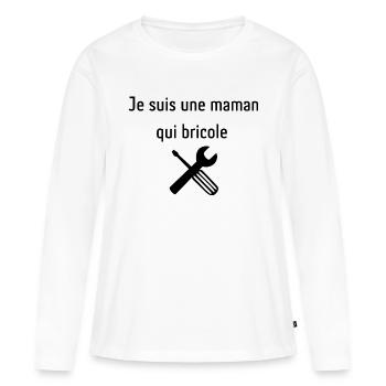 Maman qui bricole | Idée cadeau femme - T-shirt manches longues Premium bio Femme - blanc - Devant - Julia (174cm)