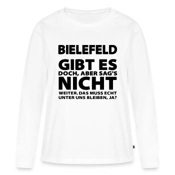 Bielefeld gibt es jetzt doch | Farbwechsel - Frauen Premium Bio Langarmshirt - Weiß - Vorne - Julia (174cm)