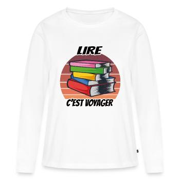 Bibliothèque Liseur Lecture Lire c'est voyager - T-shirt manches longues Premium bio Femme - blanc - Devant - Julia (174cm)
