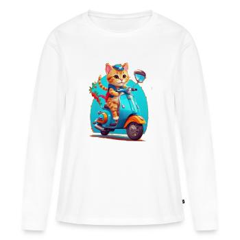 Katze fährt Roller - Frauen Premium Bio Langarmshirt - Weiß - Vorne - Julia (174cm)