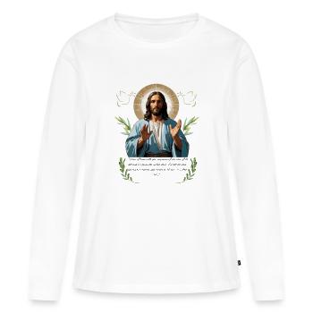 "Serene Jesus - Minimalist Christian Faith T-Shirt - Women's Premium Organic Long Sleeve Shirt - white - Front - Julia (174cm)