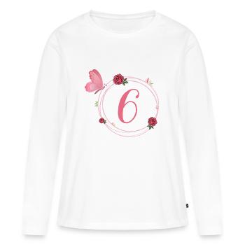 6e anniversaire papillon et fleurs fillettes - T-shirt manches longues Premium bio Femme - blanc - Devant - Julia (174cm)