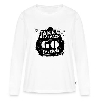 "Take your backpack and go traveling" noir - T-shirt manches longues Premium bio Femme - blanc - Devant - Julia (174cm)
