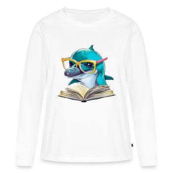 Molo, der gelehrte Delphin - Frauen Premium Bio Langarmshirt - Weiß - Vorne - Julia (174cm)