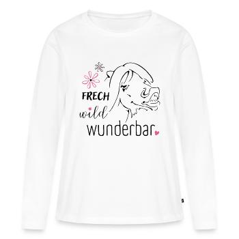 Frech, wild, wunderbar :-) - Frauen Premium Bio Langarmshirt - Weiß - Vorne - Julia (174cm)
