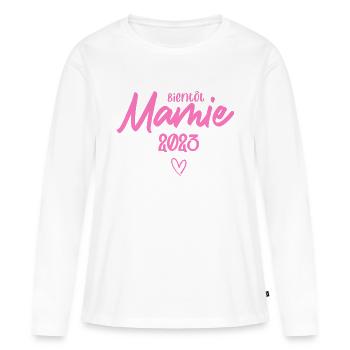 Bientôt Mamie 2023 annonce grossesse - T-shirt manches longues Premium bio Femme - blanc - Devant - Julia (174cm)