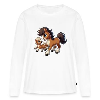 Poney avec enfant gambadant - T-shirt manches longues Premium bio Femme - blanc - Devant - Julia (174cm)