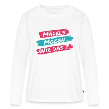 Les filles, est-ce qu’on aime ça ? Drôle de dicton d’un clic - T-shirt manches longues Premium bio Femme - blanc - Devant - Julia (174cm)