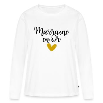 Marraine en Or idée cadeau pour baptême ou noël - T-shirt manches longues Premium bio Femme - blanc - Devant - Julia (174cm)