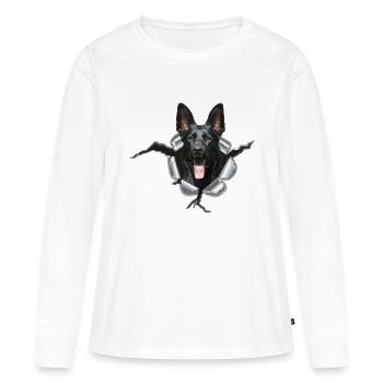 Schwarzer Schäferhund im Metall Loch - Frauen Premium Bio Langarmshirt - Weiß - Vorne - Julia (174cm)