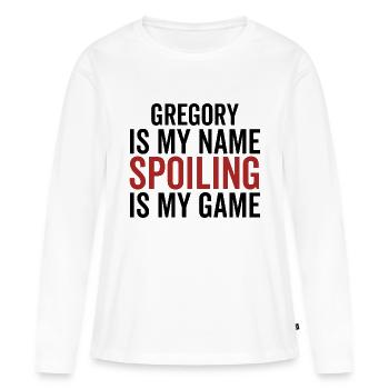 Gregory est mon nom Spoiler est mon jeu - T-shirt manches longues Premium bio Femme - blanc - Devant - Julia (174cm)