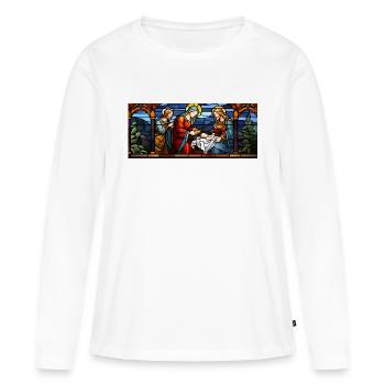 Jésus, Marie et Joseph. Noël chrétien. Amour et Paix - T-shirt manches longues Premium bio Femme - blanc - Devant - Julia (174cm)
