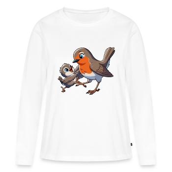 Rouge-gorge mère et enfant gambadant - T-shirt manches longues Premium bio Femme - blanc - Devant - Julia (174cm)