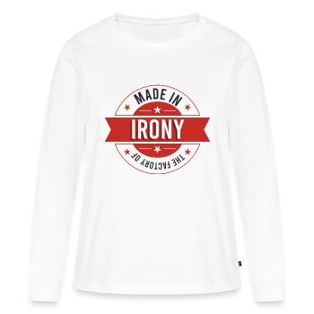 Hergestellt in der Fabrik der Ironie - Frauen Premium Bio Langarmshirt - Weiß - Vorne - Julia (174cm)
