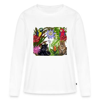 Photo de la jungle avec deux aras et de grands félins - T-shirt manches longues Premium bio Femme - blanc - Devant - Julia (174cm)