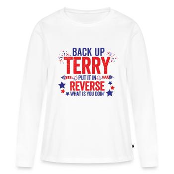 Drôle de feu d’artifice éponge de sauvegarde 4 juillet - T-shirt manches longues Premium bio Femme - blanc - Devant - Julia (174cm)