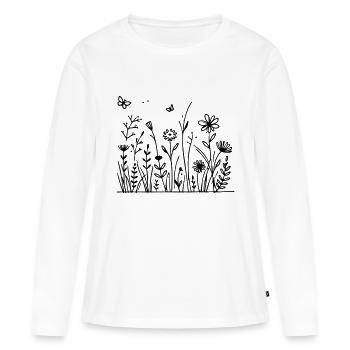 Prairie fleurie avec papillon - T-shirt manches longues Premium bio Femme - blanc - Devant - Julia (174cm)