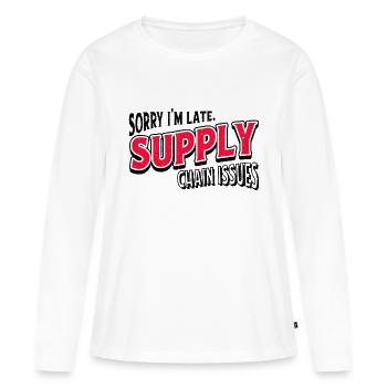 Désolé, je suis en retard. Problèmes liés à la chaîne d’approvisionnement - T-shirt manches longues Premium bio Femme - blanc - Devant - Julia (174cm)