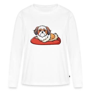 Shih Tzu satisfait se prélassant sur un oreiller en peluche - T-shirt manches longues Premium bio Femme - blanc - Devant - Julia (174cm)